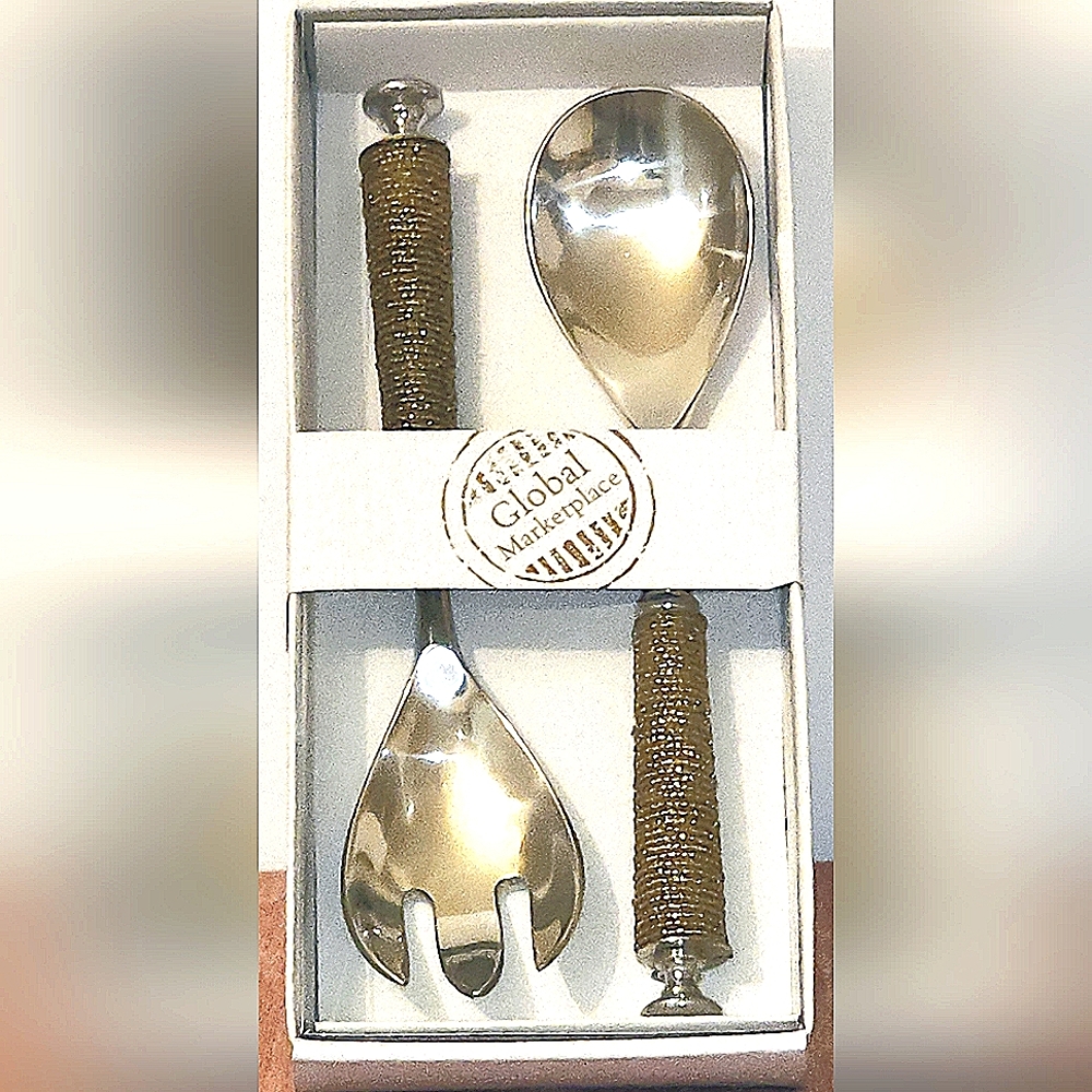 Global Marketplace 2 Piece Salad Serving Set Silver w/ Gold Beaded Handles New
